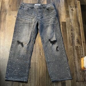 Men's Black Speckled Straight Jeans with Distressed Knees